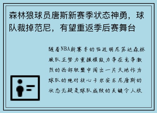 森林狼球员唐斯新赛季状态神勇，球队裁掉范尼，有望重返季后赛舞台