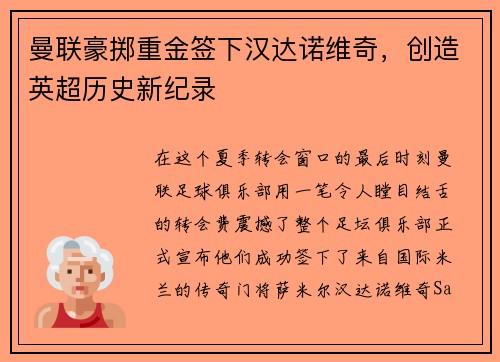 曼联豪掷重金签下汉达诺维奇，创造英超历史新纪录
