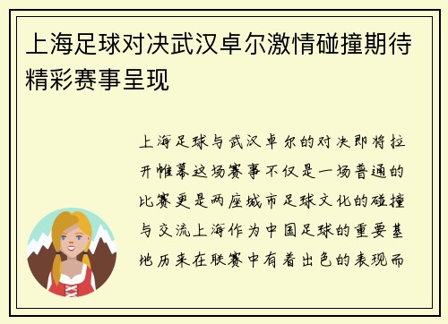 上海足球对决武汉卓尔激情碰撞期待精彩赛事呈现