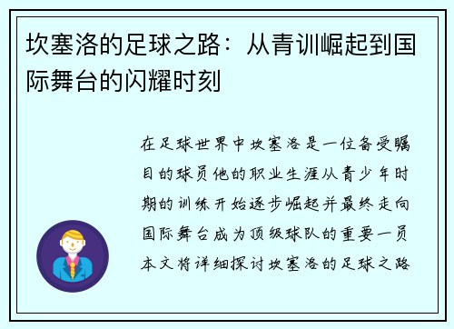 坎塞洛的足球之路：从青训崛起到国际舞台的闪耀时刻