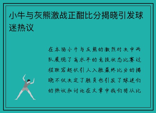 小牛与灰熊激战正酣比分揭晓引发球迷热议
